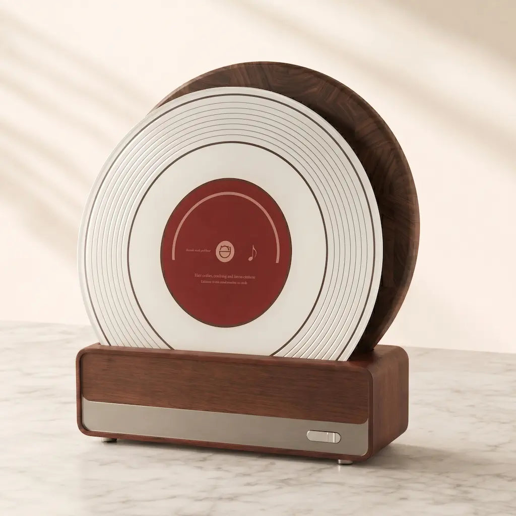 Alorivo vinyl record cutting board set standing upright in wooden base on light marble surface, featuring tempered glass board and solid sapele wood board, refined minimalist kitchen scene with soft natural lighting.