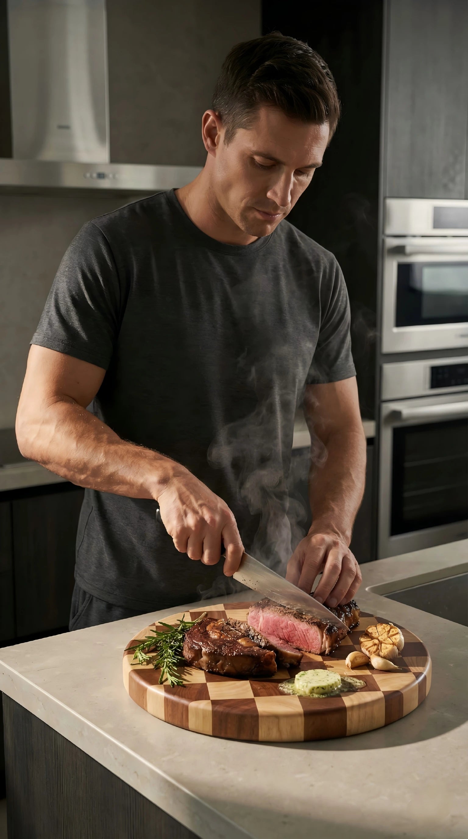 Man carving a hot steak on Alorivo checkered acacia wood board. The steam and rich wood grain represent the brand's focus on 'warmth' and 'tactile balance'.