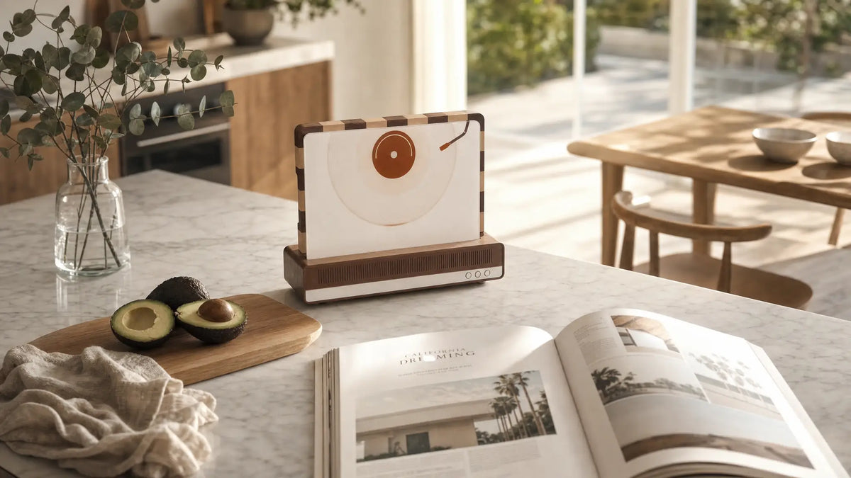 ALORIVO Sapele and tempered glass cutting board Set featuring a retro vinyl record design, displayed upright on a premium wooden base on a white marble kitchen island. The scene is styled in a quiet luxury Nordic aesthetic, featuring a marble countertop with halved avocados on a wood board, an open lifestyle magazine, and natural sunlight streaming in.
