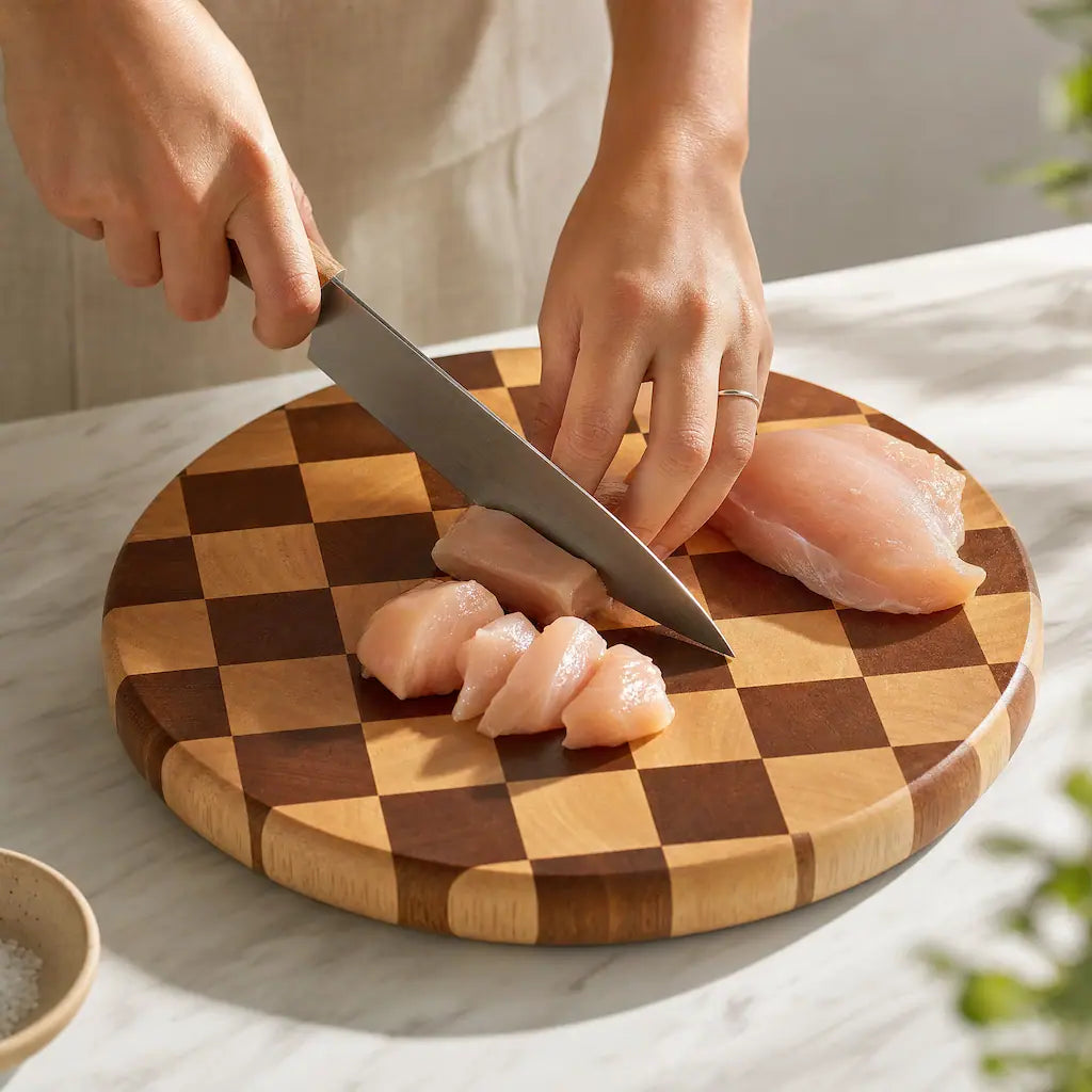 Close-up of a chef cutting raw chicken breast on the ALORIVO circular African Sapele wood cutting board with a hand-joined end-grain chessboard pattern, under bright natural California kitchen light.