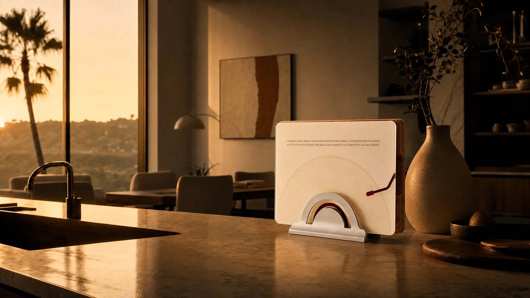 Cinematic interior photography of Alorivo vinyl-inspired art board on a luxury light marble kitchen island, off-center layout bathed in moody California golden hour sunset light, minimalist luxury apartment aesthetic.