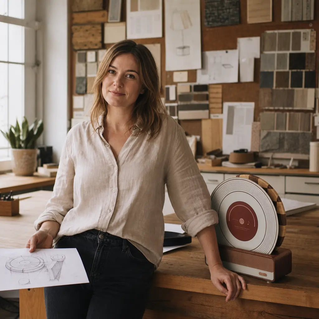 Portrait of Alorivo founder in a warm creative atelier with design moodboards, presenting a premium rondo series art object with tactile circular grooves and dark walnut accents.