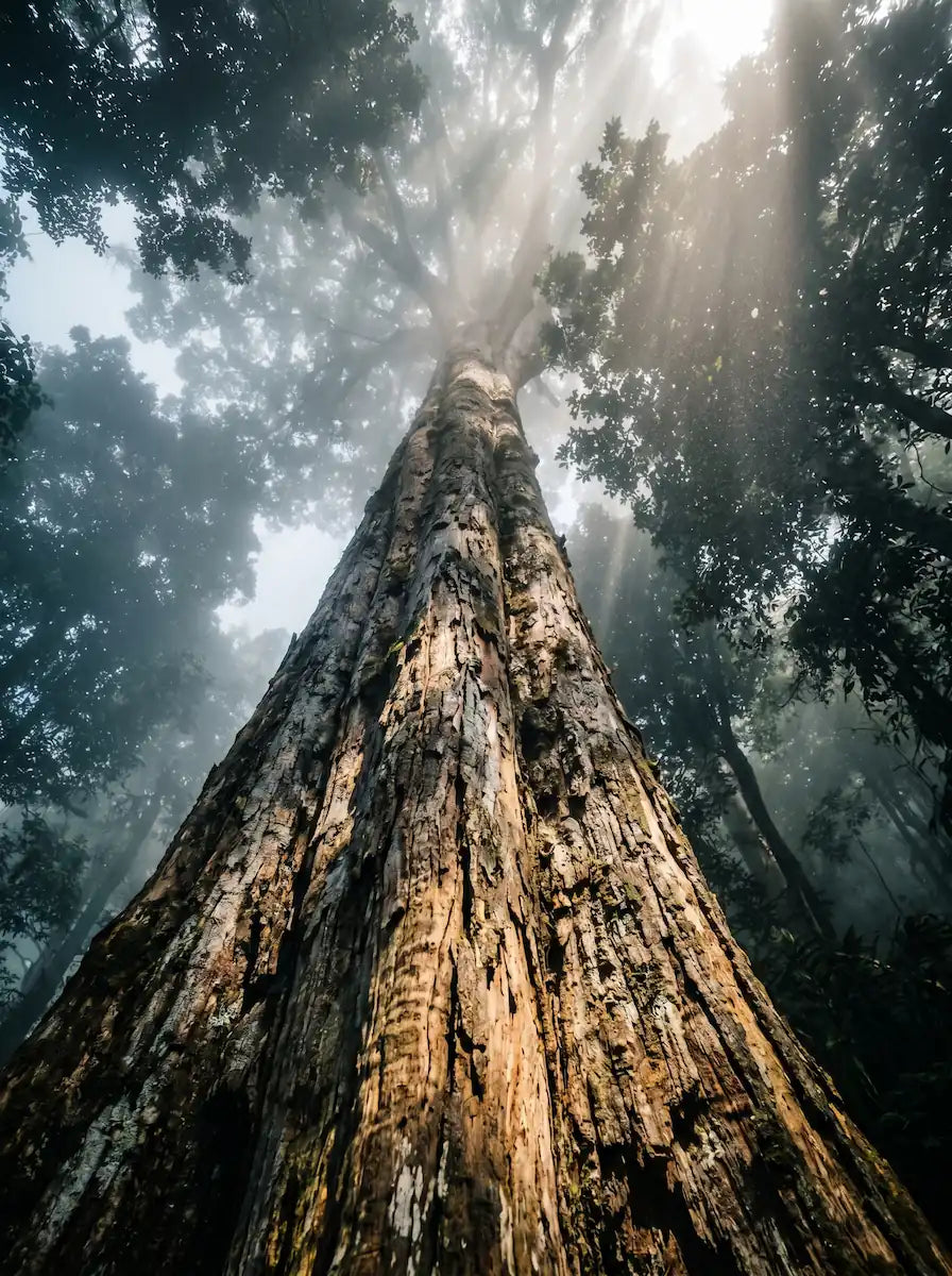 Low-angle shot of a giant tropical tree trunk reaching toward a misty sky with bright sunlight filtering through branches.