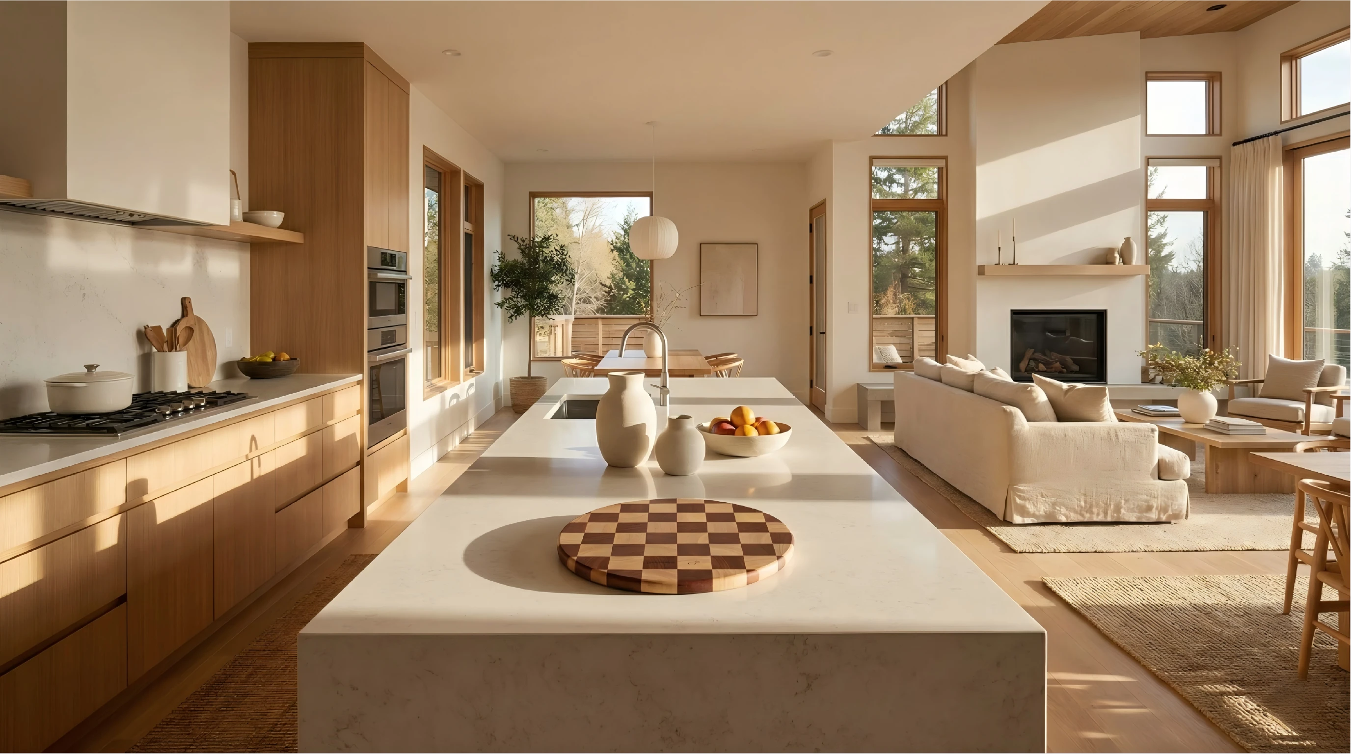 Wide shot of a sun-drenched open-concept modern kitchen and living room.  An Alorivo checkered cutting board sits on the kitchen island as a stylish decor piece, illustrating the kitchen as a space for living, not just working.