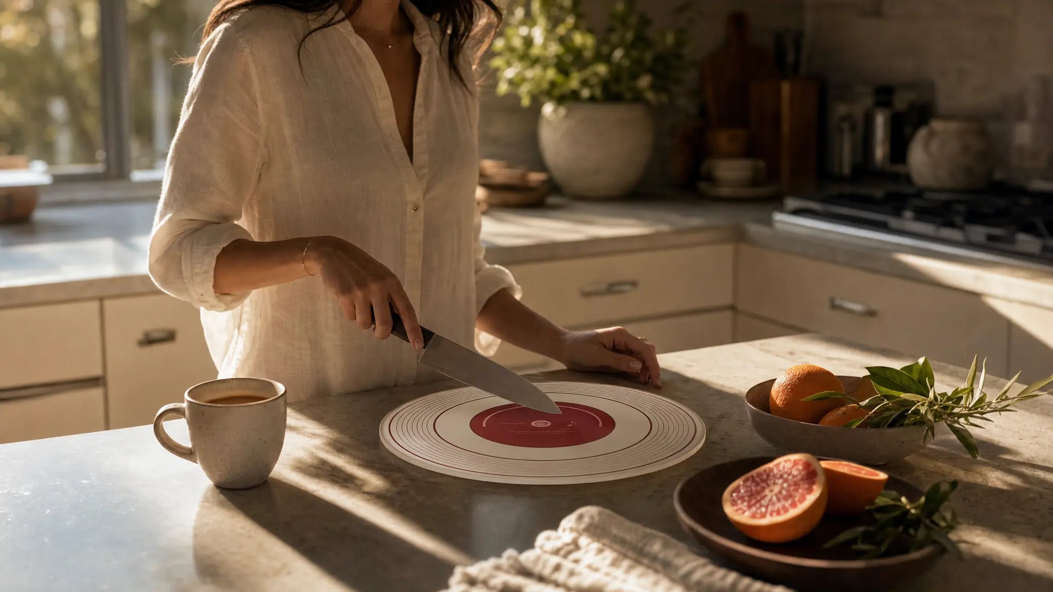 A Women cutting a fruit on a kitchen counter with a cup of coffee and oranges.