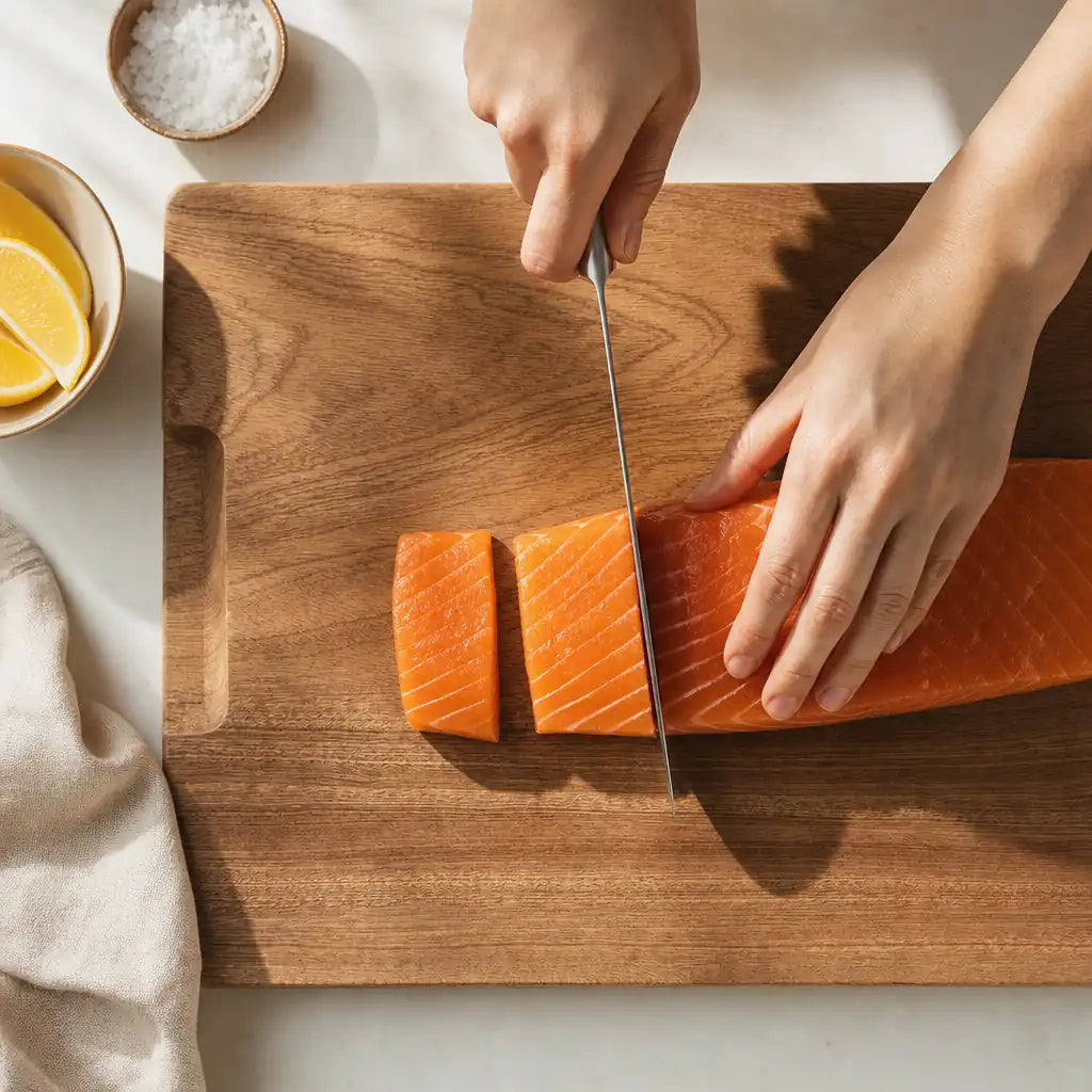 Minimalist overhead shot of Alorivo Dual-Fresh wooden cutting board, professional hands slicing fresh salmon under soft natural California sunlight, clean marble background with rich organic wood grain textures and high-contrast elegant shadows.