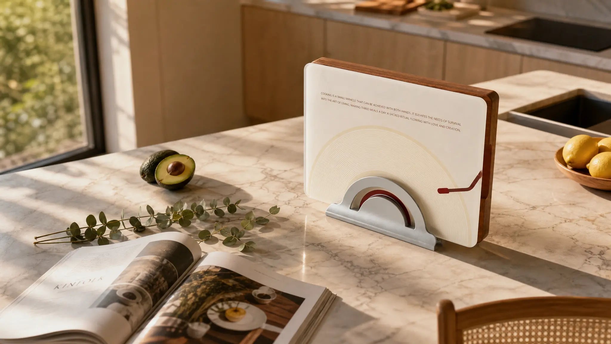 A lifestyle hero shot of the Alorivo Dual-Fresh cutting board set showcased on a premium veined marble kitchen island. Warm California afternoon sunlight streams across the minimalist space, highlighting the vinyl-inspired glass art board with its elegant typography, nestled in a sleek metallic arch base against rich sapele wood. An open Kinfolk magazine, fresh eucalyptus, and a halved avocado rest nearby, creating a cinematic editorial atmosphere.