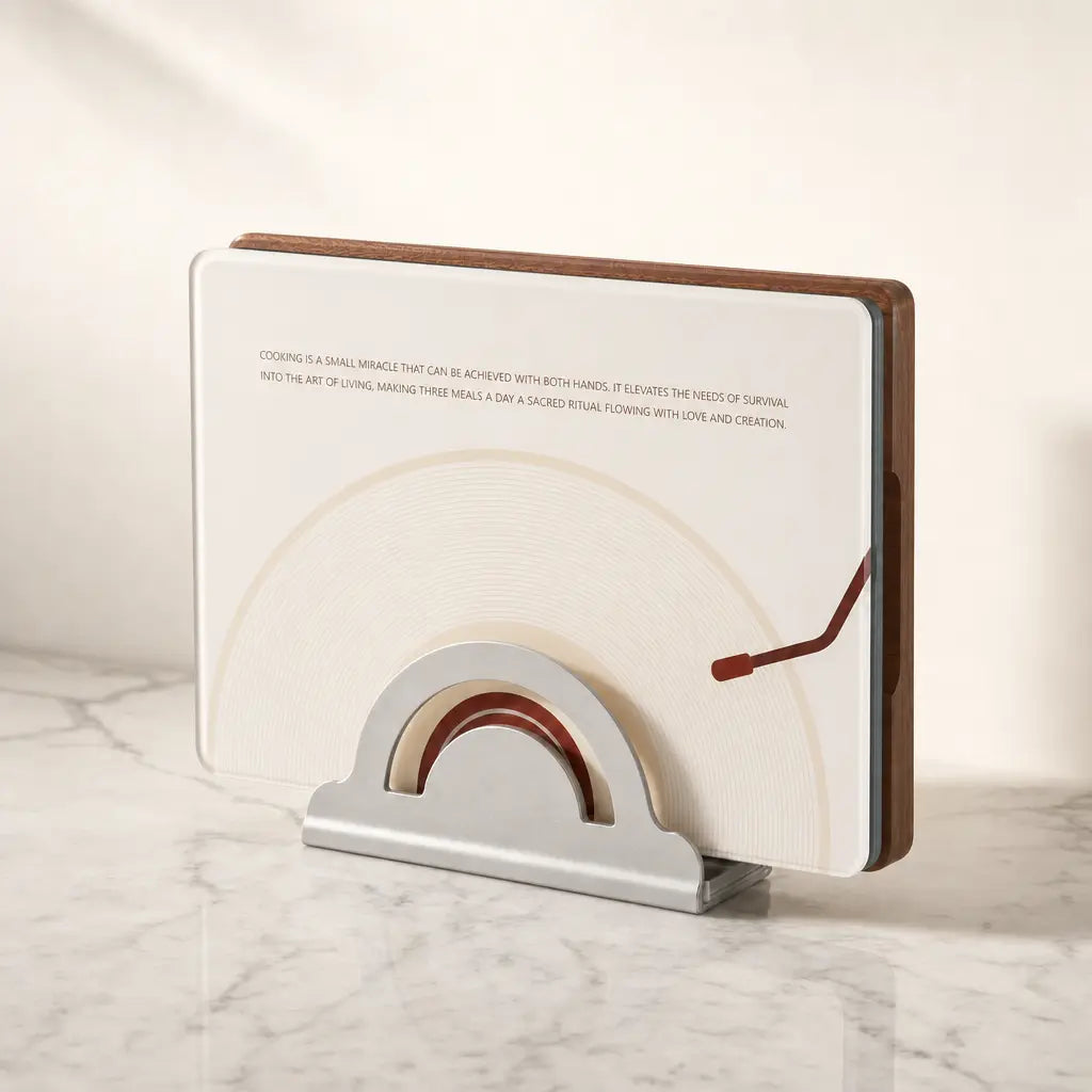 The complete Alorivo Dual-Fresh Cutting Board Set presented as an interior sculpture on a luxury white marble kitchen counter. The square vinyl-inspired glass board and the heavy Sapele wood board stand vertically inside a sleek metal architectural base, bathed in warm, cinematic morning light.