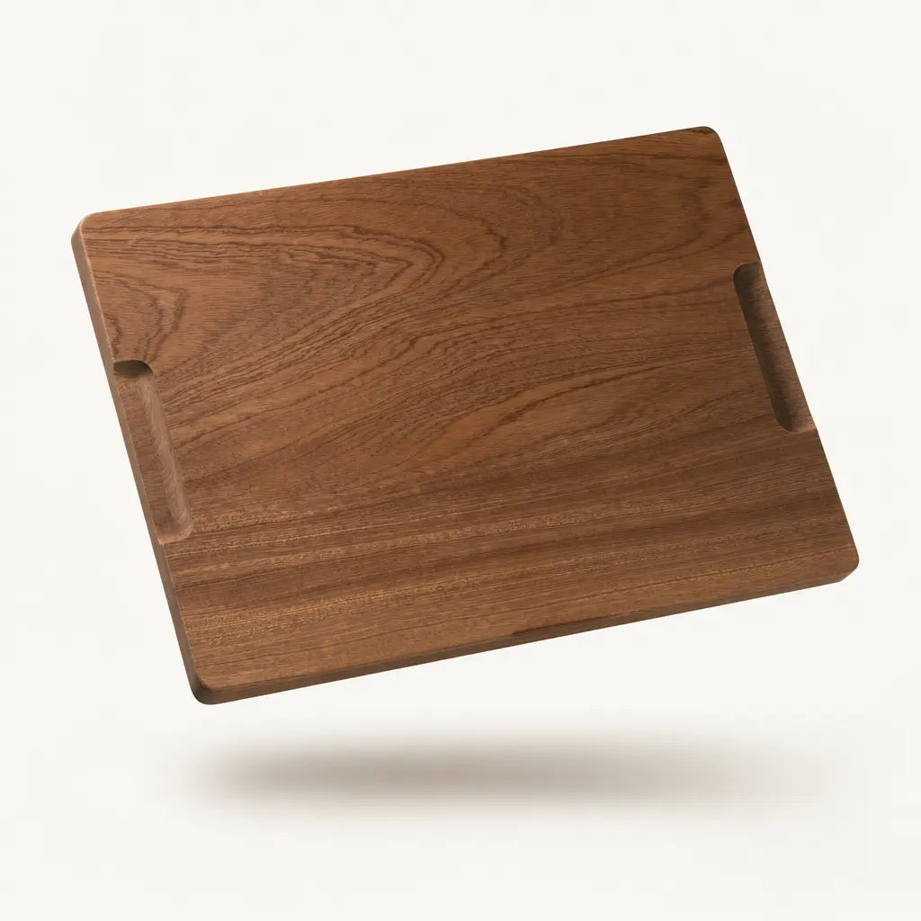 A luxurious, 25mm thick square Sapele wood board from the Alorivo set, suspended gracefully in a bright, sunlit space. The cinematic shot focuses on the rich, flowing natural grain of the organic timber, highlighting the seamlessly integrated side handles designed for professional-grade culinary use.