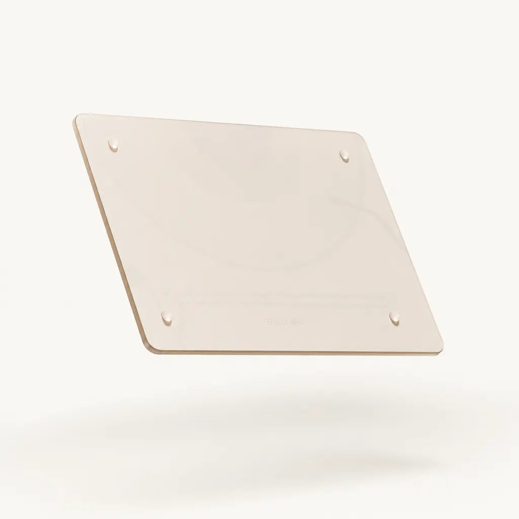 A premium clear glass board from the Alorivo Dual-Fresh Cutting Board Set, hovering against a minimalist warm beige backdrop. The view from the back highlights four discrete silicone anti-slip feet and an elegant translucent ring texture mimicking classic vinyl grooves under soft, editorial shadows.