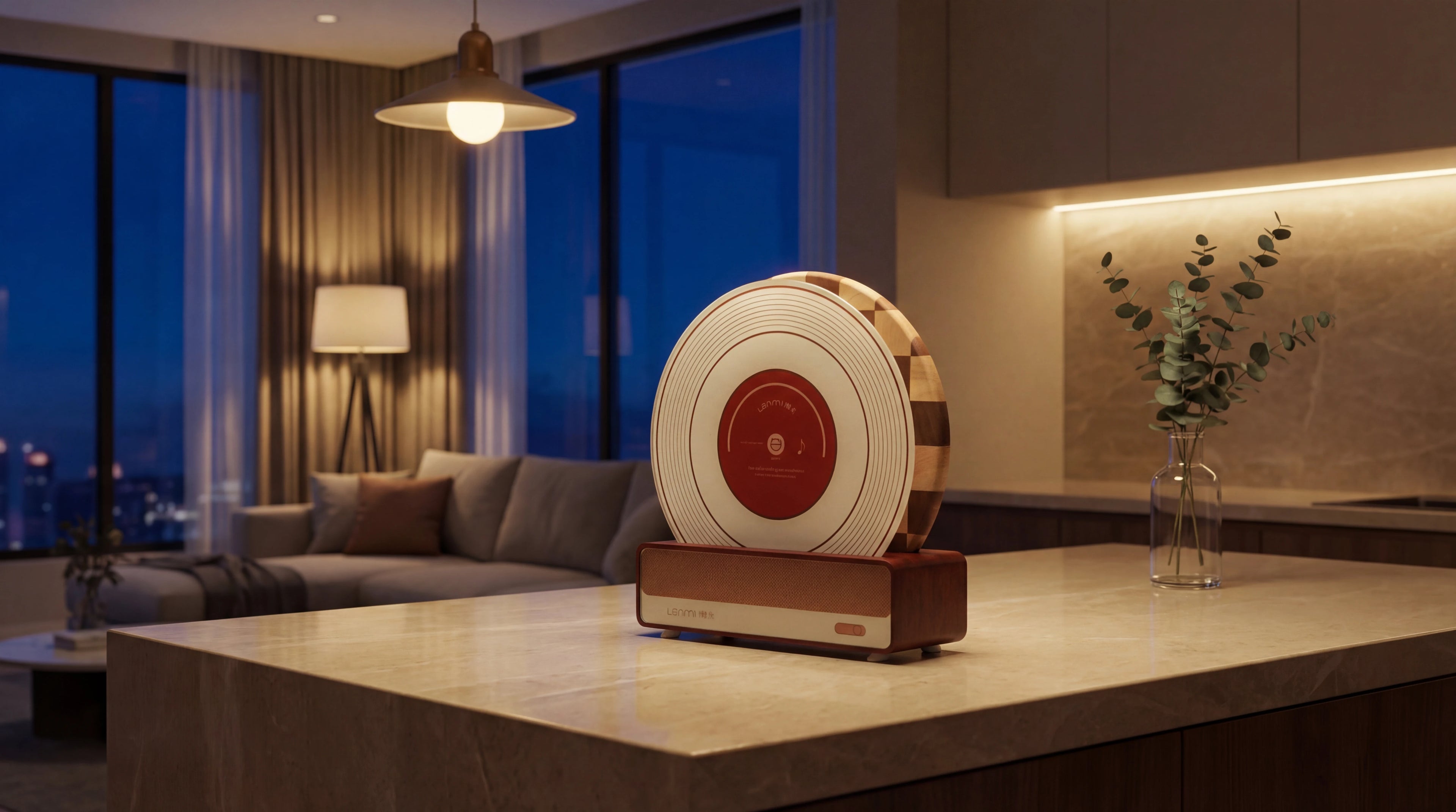 The full Alorivo cutting board set standing upright in its walnut speaker-style base on a kitchen counter at night. Illuminated by warm ambient indoor lighting, it serves as a sculptural centerpiece in a cozy, lived-in modern home.