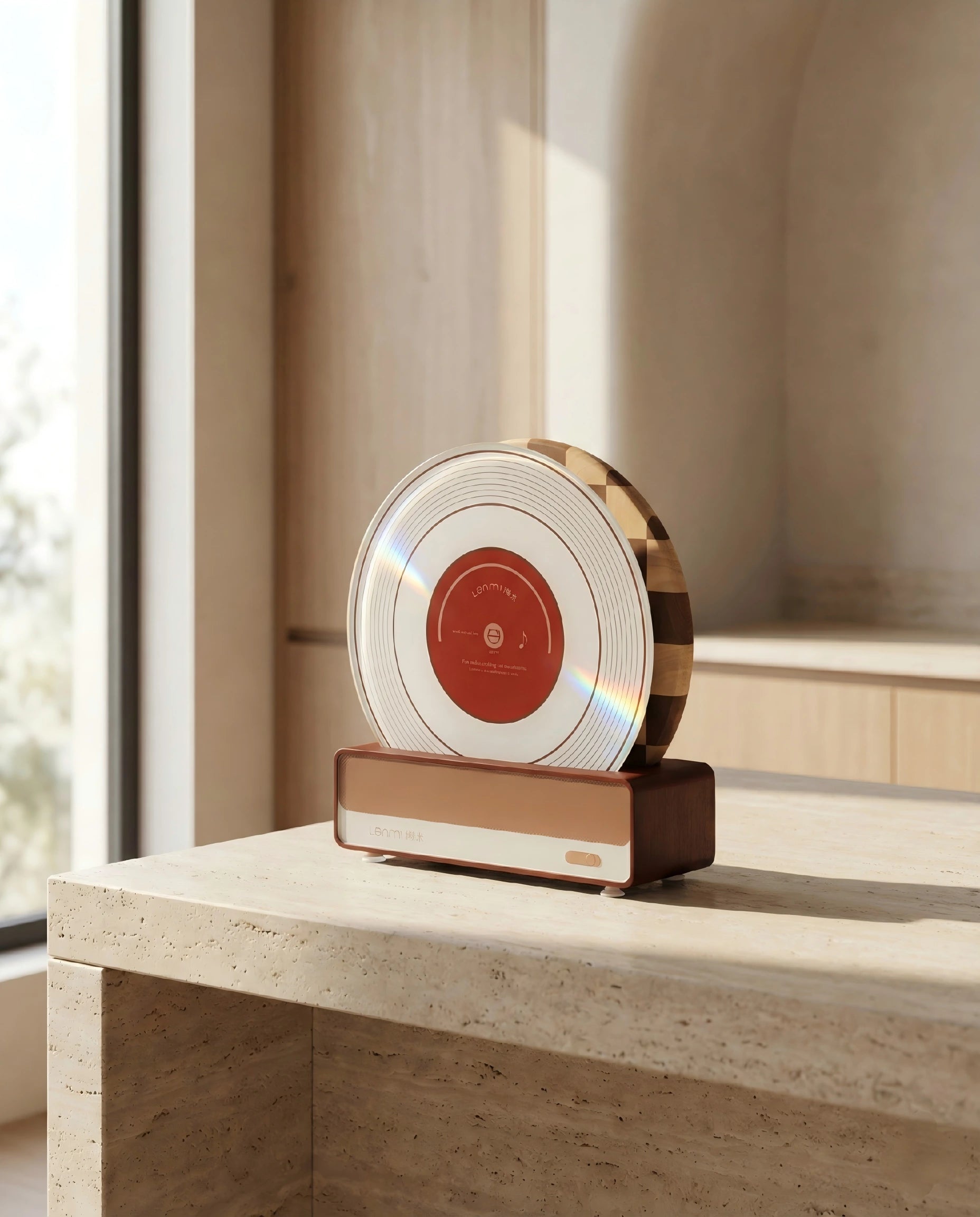 The Alorivo set (a dark walnut speaker-shaped base holding a clear glass vinyl board and a wood board upright) sits proudly on the counter.