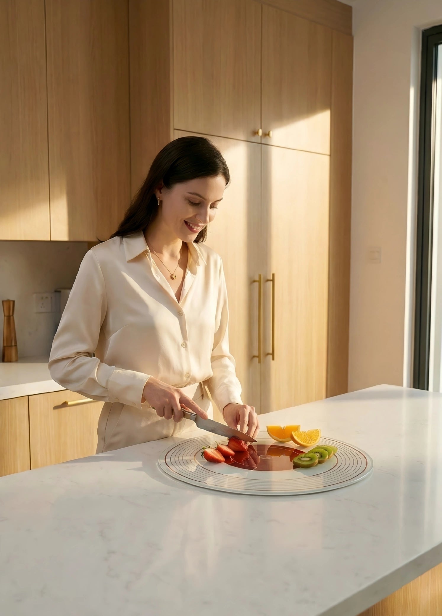 Woman in silk slicing fruit on Alorivo glass board, bathed in morning light. The scene embodies the brand's philosophy of 'visual comfort' and 'zero-burden' interactions.