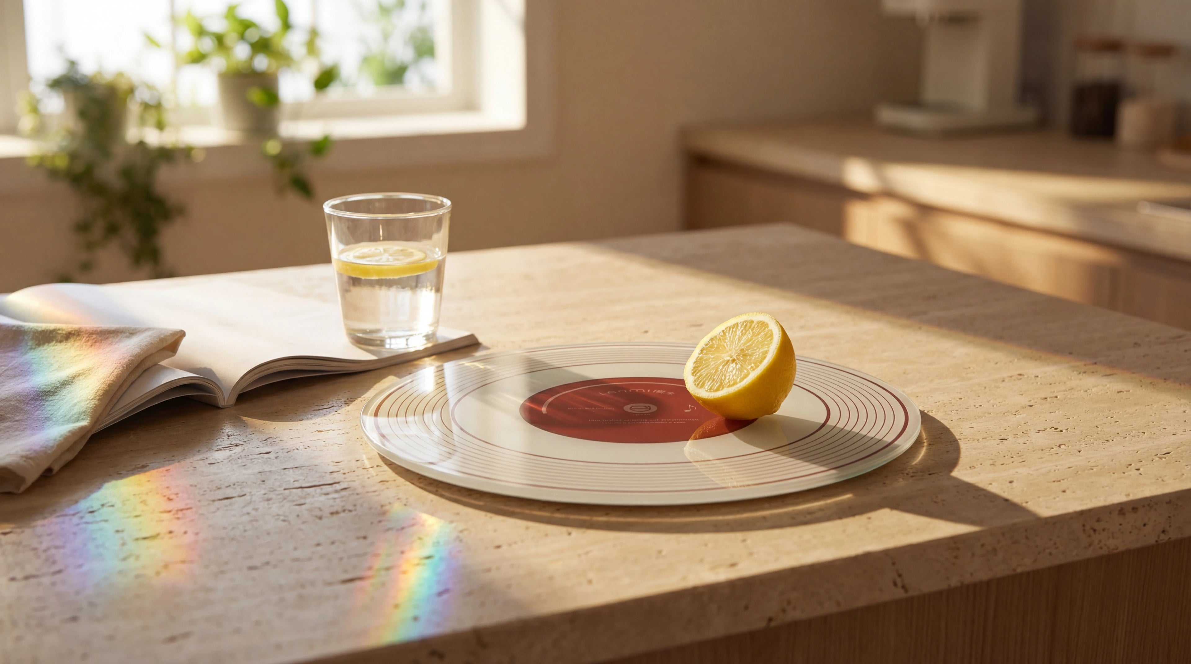 A serene morning still life on a beige stone kitchen island featuring the Alorivo glass vinyl cutting board holding a fresh cut lemon.  Beside it, a glass of water catches the sunlight, casting vibrant rainbow prism reflections across the counter and an open magazine, embodying a slow living aesthetic.