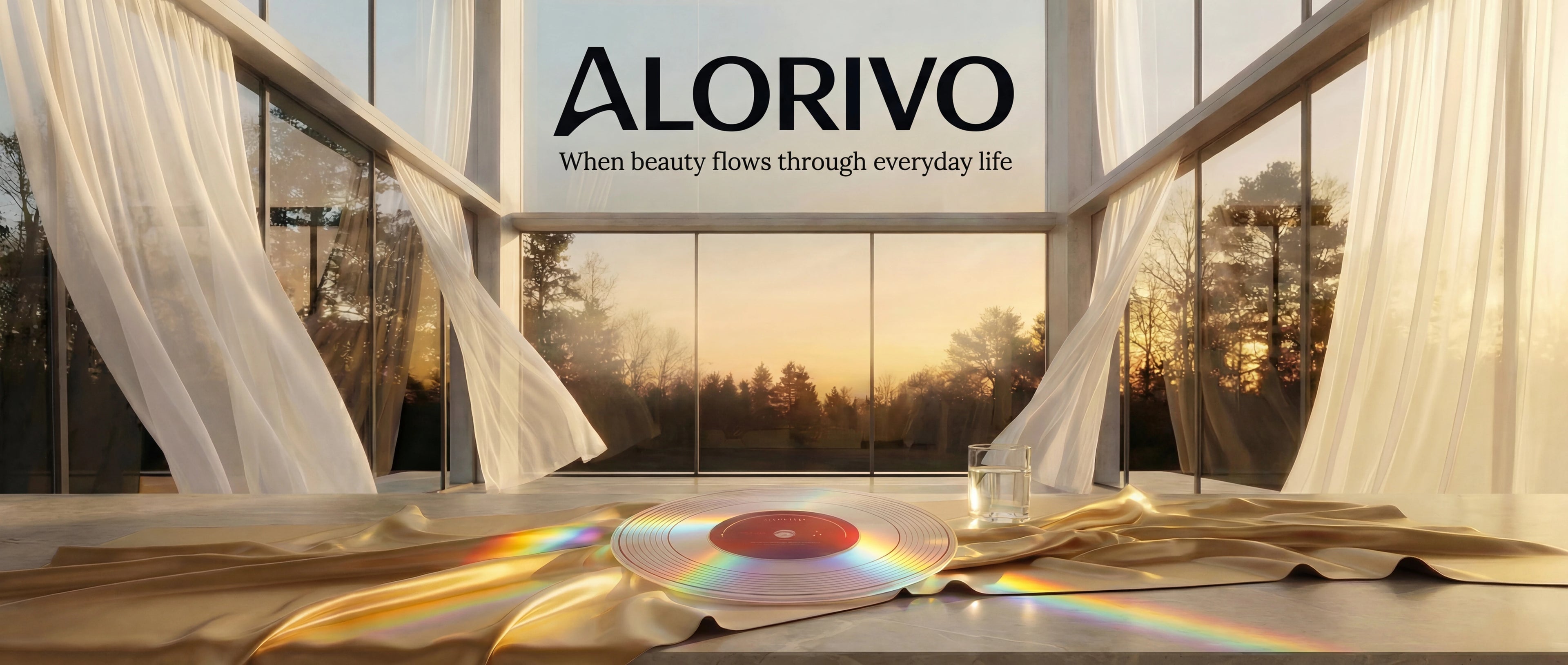 Alorivo clear glass vinyl record cutting board resting on a stone island draped with golden silk. Golden hour sunlight floods a grand minimalist kitchen, illuminating blowing sheer curtains and casting vibrant prismatic rainbow reflections through the glass board.