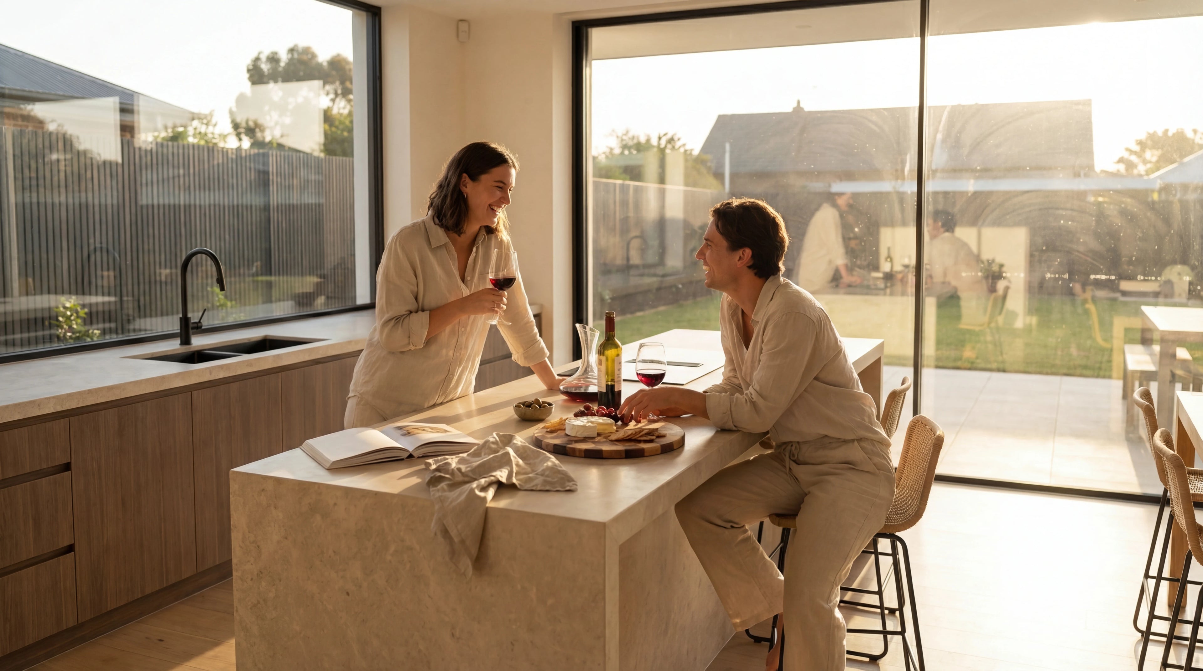 A lifestyle shot of a couple relaxing and chatting with wine glasses at a kitchen island during golden hour.  An Alorivo cutting board with snacks sits nearby, blending naturally into a warm, intimate evening atmosphere.
