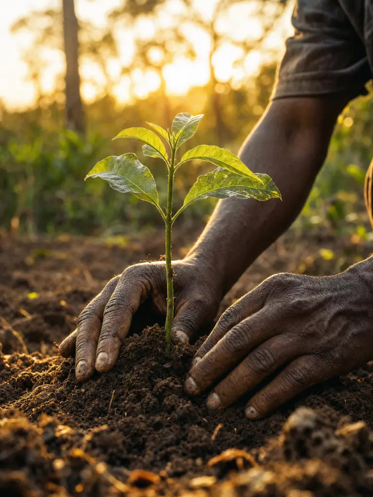 Person planting a small tree in the dirt with a blurred natural background