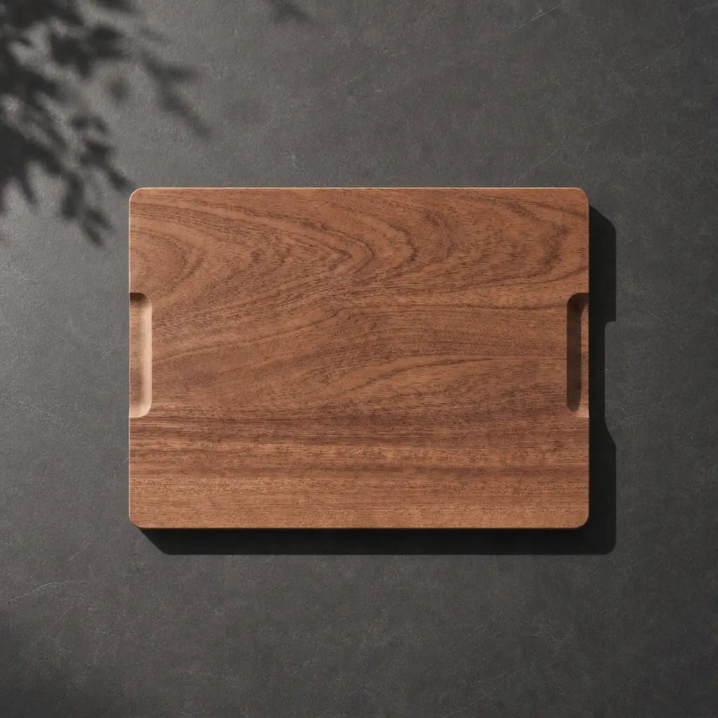 Top-down minimalist shot of an ALORIVO rectangular wooden cutting board featuring a rich, natural grain and carved side handles for easy lifting. The board is centered on a dark textured countertop with a subtle leaf shadow in the top left corner.