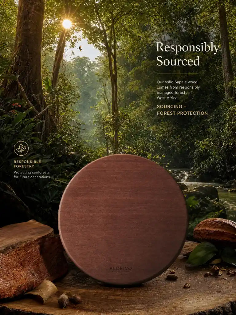 A premium editorial montage showing a misty, lush tropical rainforest canopy on the top half and a close-up of the finished ALORIVO Sapele wood chessboard cutting board on the bottom half, symbolizing responsibly sourced materials.