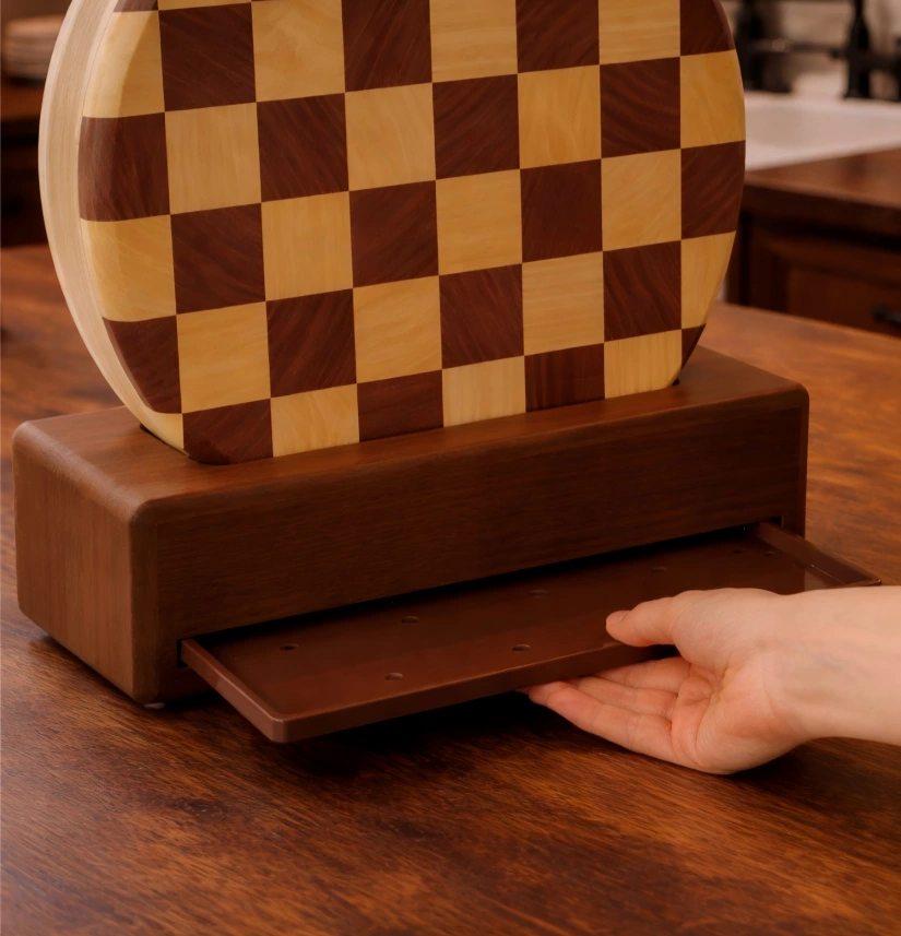 Side view of the Alorivo speaker-style cutting board stand with the pull-out drainage tray open, collecting water droplets to ensure hygiene.