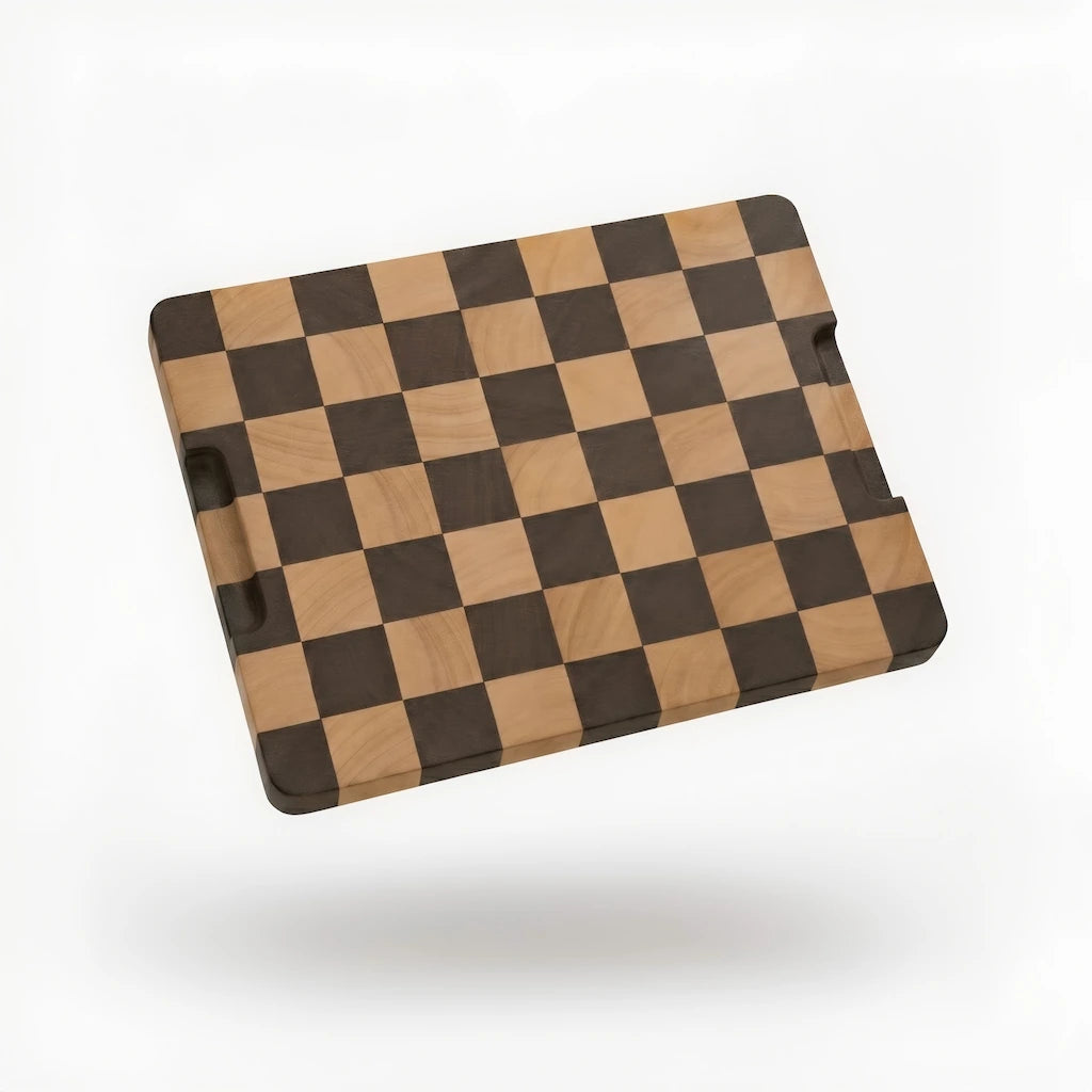 "The Album" Sapele wood checkerboard end-grain cutting board with a minimalist aesthetic and integrated side handles