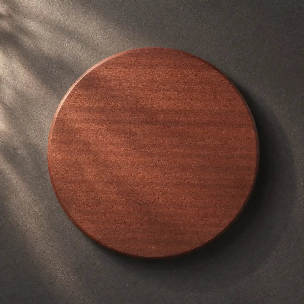 Overhead view of a circular, solid African Sapele wood cutting board, featuring its natural deep reddish-brown color and prominent interlocking ribbon grain pattern, resting on a dark textured countertop.