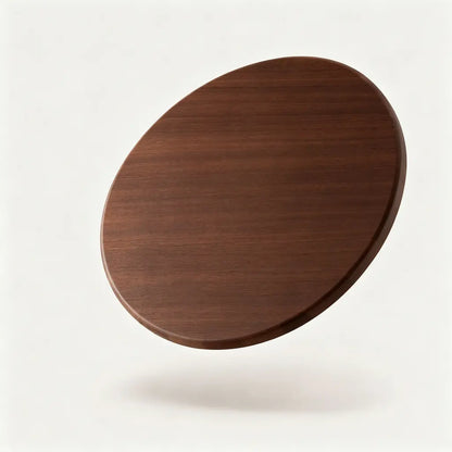 Alorivo round solid sapele wood cutting board with natural wood grain, crafted from the finest 30% core heartwood, floating on warm white background with soft shadow, premium minimalist product photography.