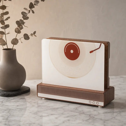 Alorivo Square Record Cutting Board Set with a solid Sapele wood board and vinyl-themed glass board stored in a minimalist wooden organizer.