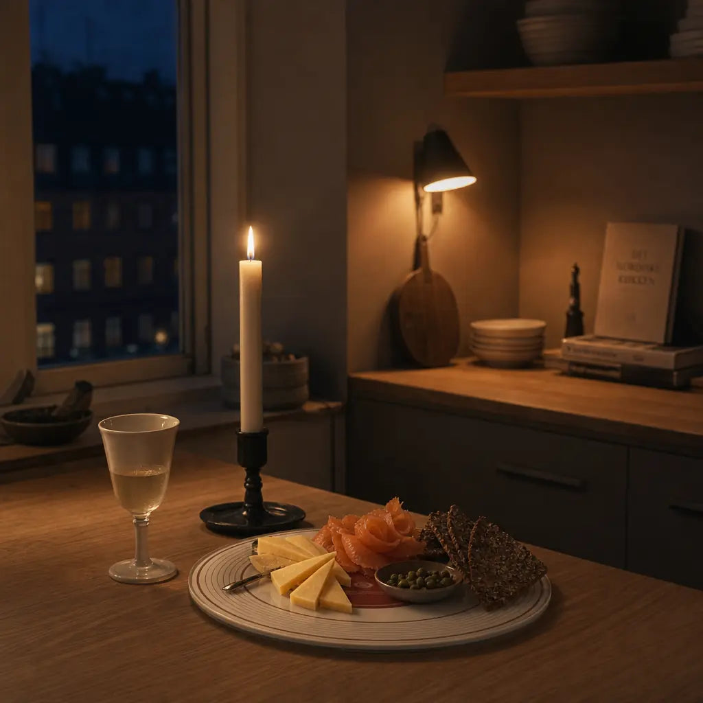A cozy evening kitchen scene showing a round vinyl record glass cutting board styled as a serving platter with smoked salmon, cheese, crackers, and capers on a wooden dining table under warm candlelight.
