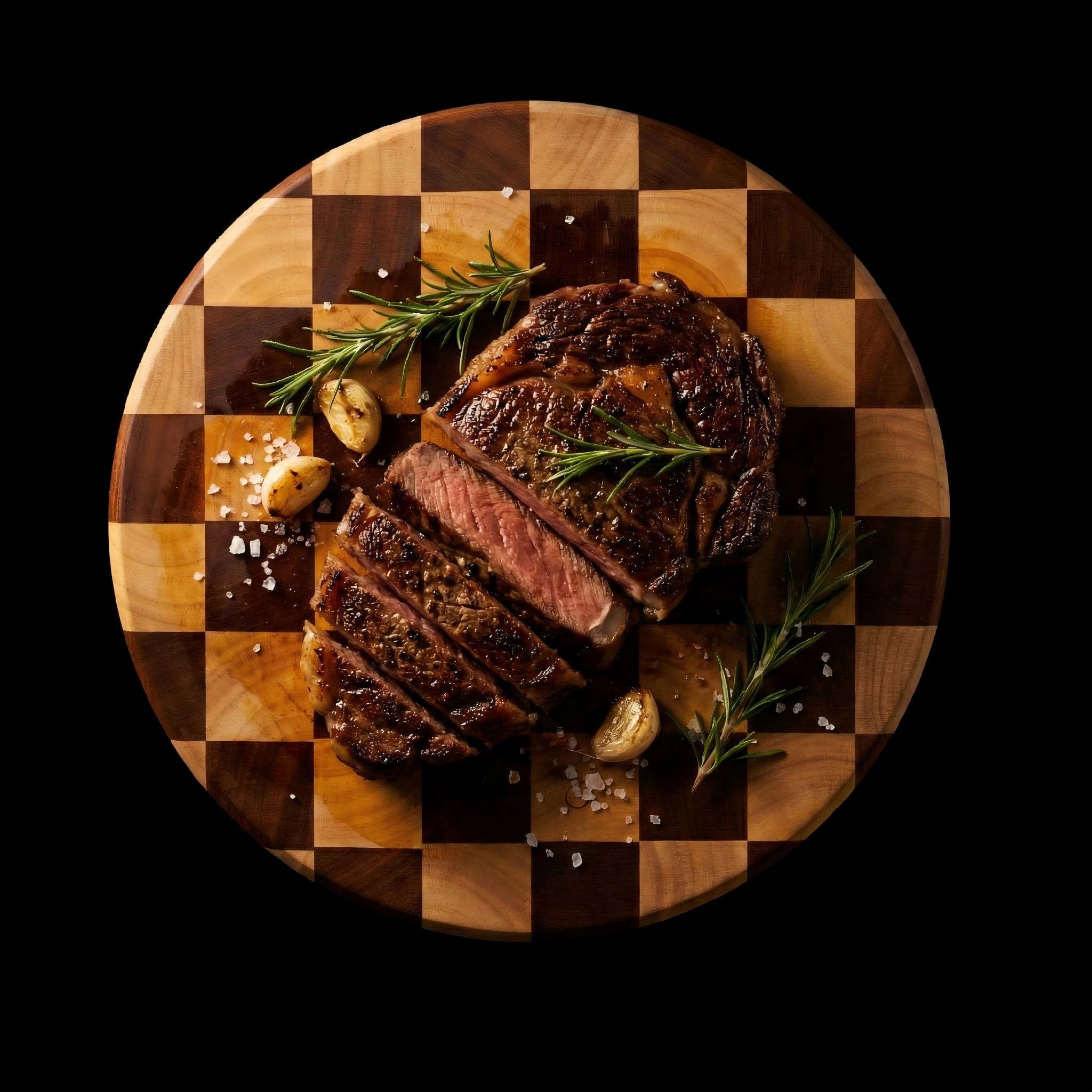Alorivo Vinyl Series round checkerboard ebony wood cutting board featuring a seared ribeye steak and rosemary. Detail shot of the end-grain structure protecting the knife blade.