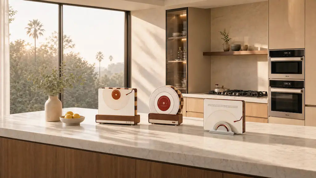 Alorivo minimalist cutting board sets featuring vinyl record designs in premium glass and African Black Ironwood, displayed on a sunlit kitchen counter embodying a Wabi-sabi and modern Mediterranean aesthetic.