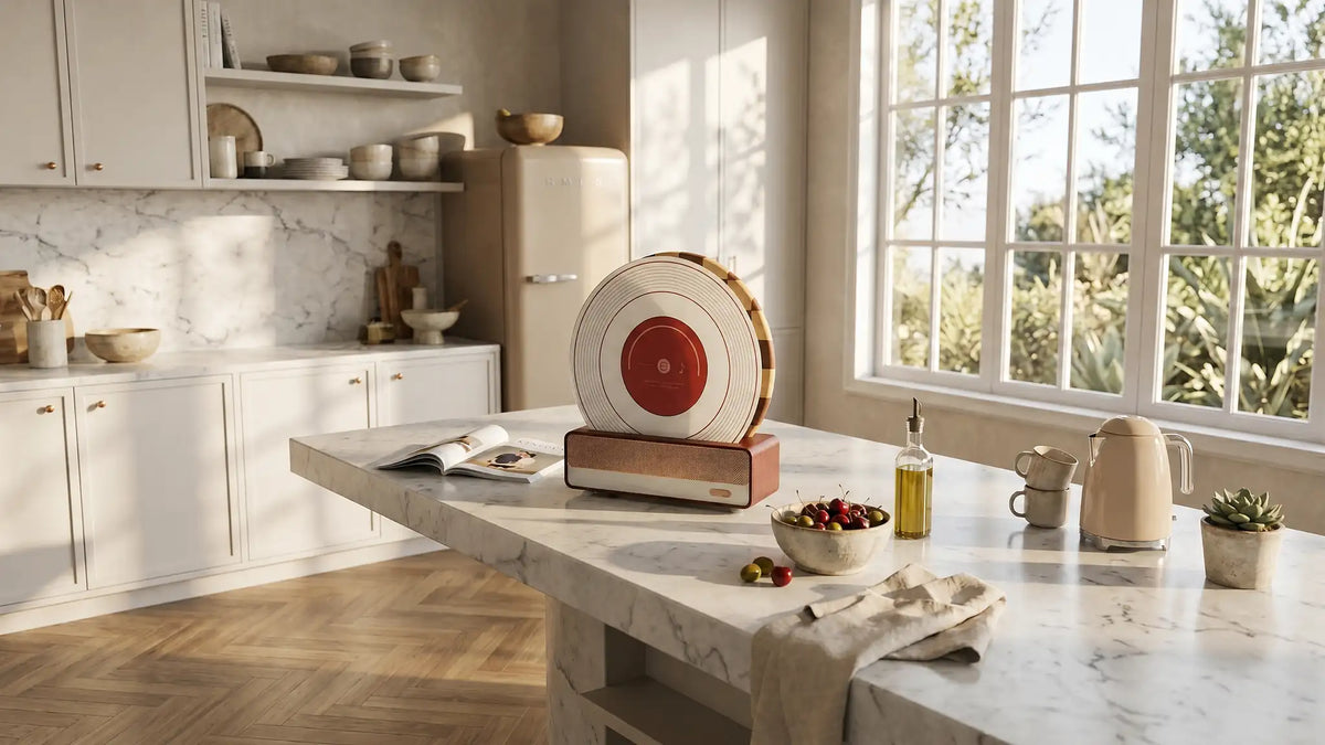 A bright, wide editorial shot of the ALORIVO vinyl record cutting board displayed vertically on its custom wooden storage base atop a white marble kitchen island. Warm afternoon sunlight streams through a large grid window, illuminating a ceramic bowl of cherries, a retro SMEG electric kettle, and an open magazine. The background showcases minimalist cream cabinetry, a vintage-style refrigerator, and light herringbone wood floors, capturing a high-end Architectural Digest interior design aesthetic.