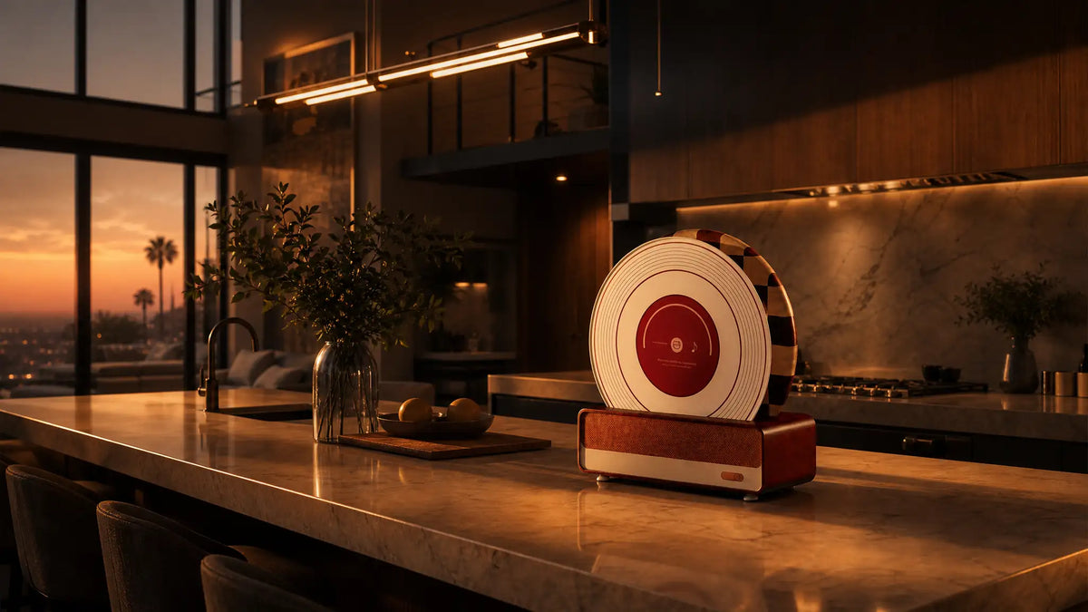 A cinematic, unpeopled shot of the ALORIVO vinyl record cutting board standing vertically on its premium Sapele wood base atop a luxurious Calacatta gold marble kitchen island. Warm, crisp California sunset light streams through massive floor-to-ceiling glass windows, illuminating the red center label of the record graphic and the intricate checkered wood pattern on the back. The modern open-concept LA kitchen features a blurred background of rolling hills and palm trees, capturing an editorial Architectura