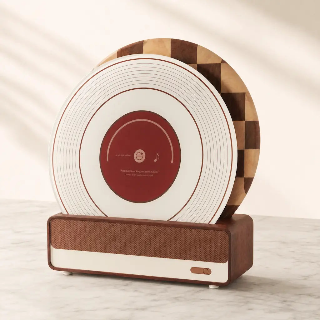 Alorivo vinyl record cutting board set standing upright in wooden base on light marble surface, featuring tempered glass board and sapele wood checkerboard board, refined minimalist kitchen scene with soft natural lighting.