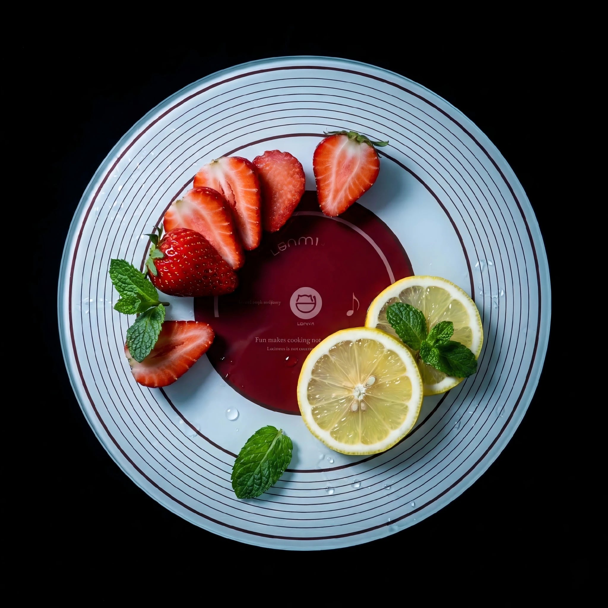 Alorivo Vinyl Series round tempered glass cutting board with fresh strawberries and lemon slices. Close-up showing the non-porous, antibacterial surface perfect for fruit and serving.