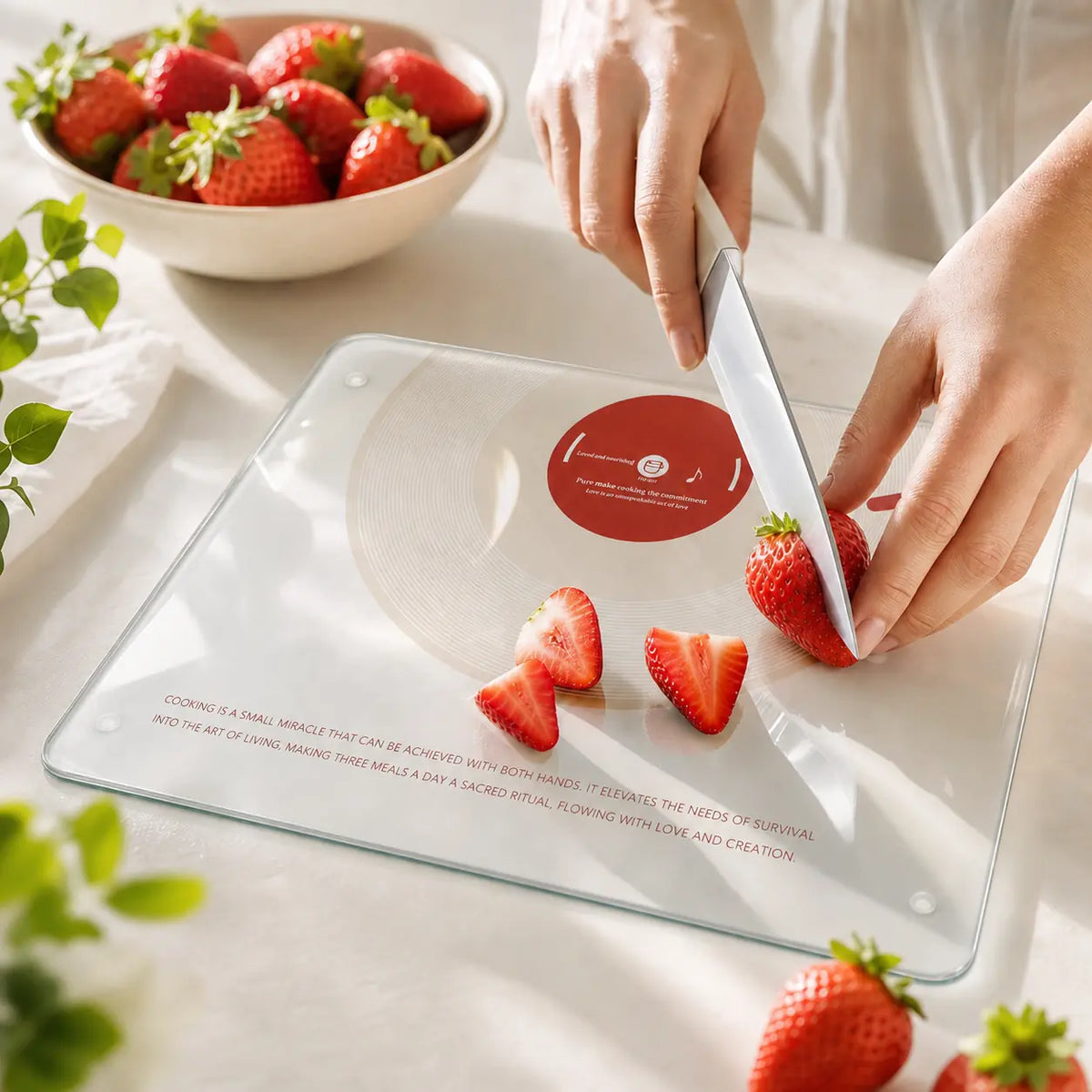 Someone slicing fresh strawberries with a knife on an Alorivo tempered glass cutting board featuring a retro vinyl record design coating, with a bowl of strawberries in the background.