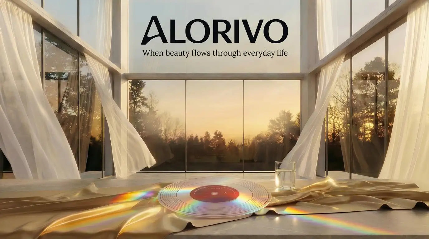 Alorivo vinyl record style glass cutting board reflecting rainbow light on a sunlit counter, with white curtains flowing in the wind. A symbol of visual comfort and morning rituals.