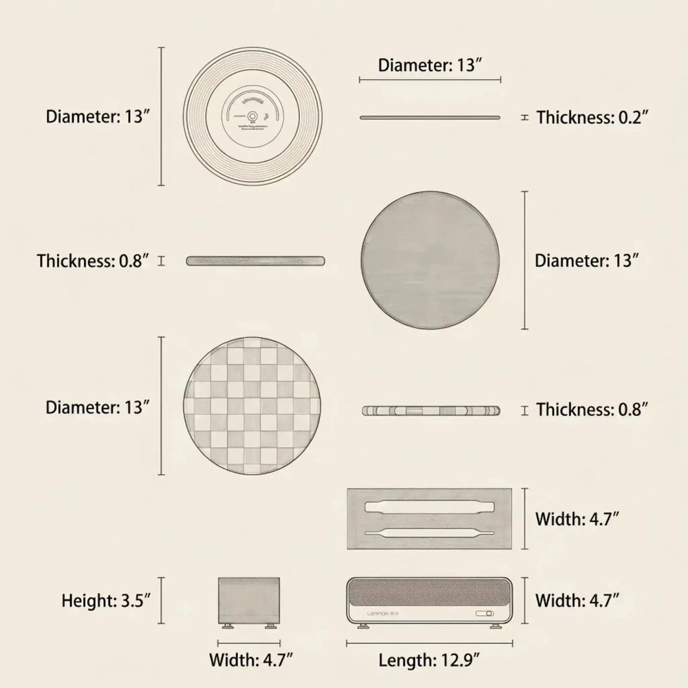 Technical technical specifications diagram for the VynArt Rondo 2-in-1 Sapele & Glass cutting board set. It details dimensions for the 13-inch diameter glass and sapele boards, and the multi-slot storage base measuring 12.9 inches in length.
