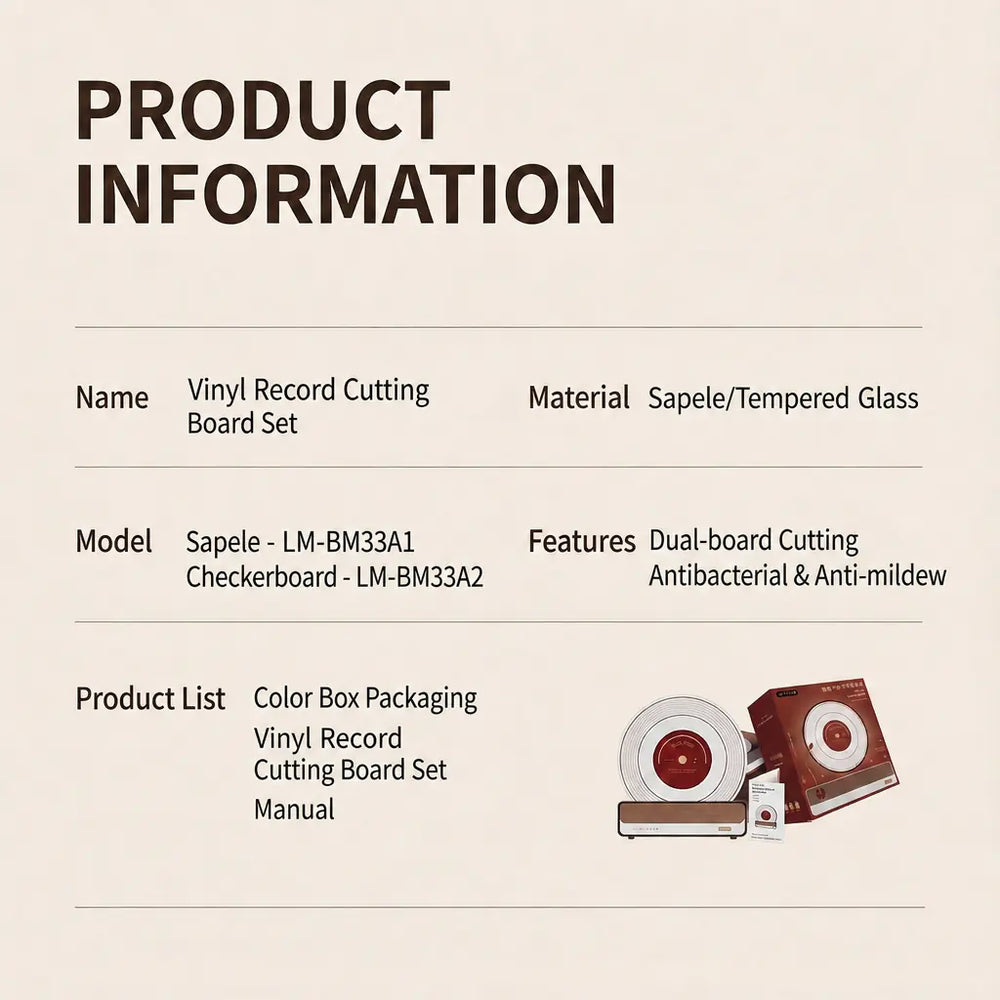 Product information for VynArt Rondo 2-in-1 vinyl Record Cutting Board Set. Features include Sapele and Tempered Glass materials, antibacterial and anti-mildew properties, and dual-board cutting. Includes color box packaging and manual.