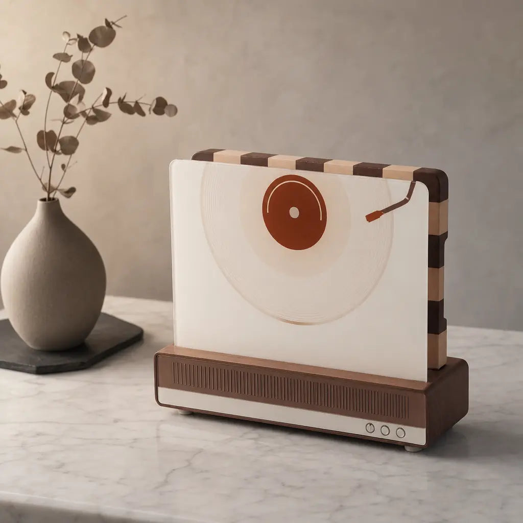 Alorivo VynArt Square Record Cutting Board Set featuring a vinyl-patterned glass board and an Sapele wood checkerboard board organized in a retro radio-inspired wooden base.