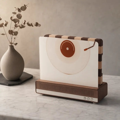 Alorivo VynArt Square Record Cutting Board Set featuring a vinyl-patterned glass board and an Sapele wood checkerboard board organized in a retro radio-inspired wooden base.