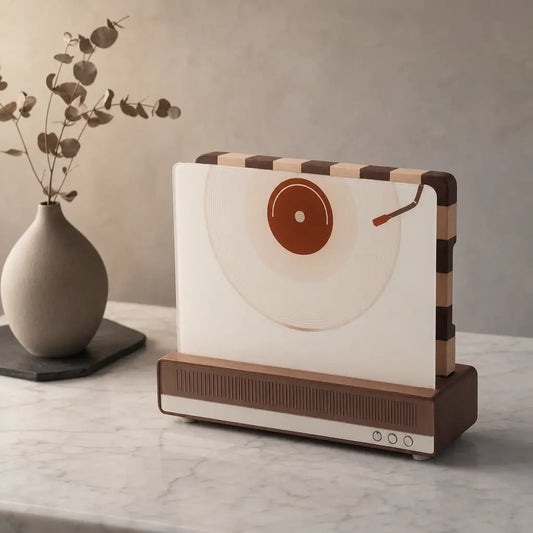 Alorivo VynArt Square Record Cutting Board Set featuring a vinyl-patterned glass board and an Sapele wood checkerboard board organized in a retro radio-inspired wooden base.