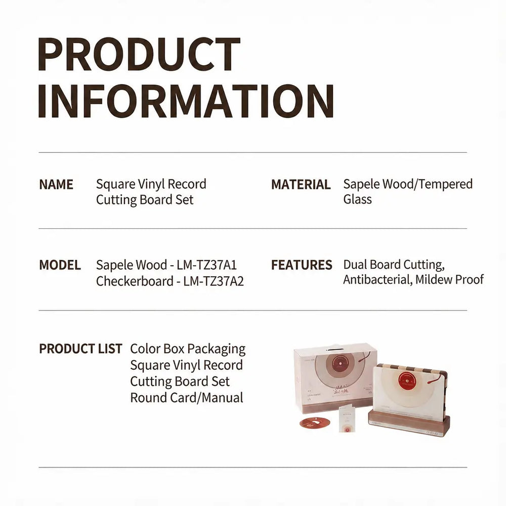 VynArt Stanza 2-in-1 sapele and tempered glass cutting board specifications including dual board design, non-porous antibacterial surface, mildew proof features and full product set packaging