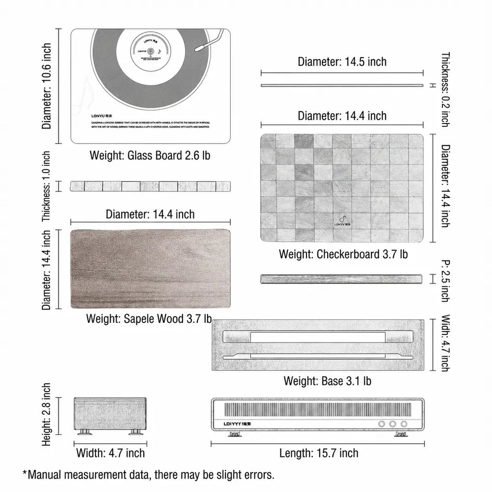 Alorivo VynArt Stanza 2-in-1 cutting board set dimensions, size chart, and weight specifications. The diagram details the vinyl record glass board at 14.5 by 10.6 inches (0.2 inch thickness, 2.6 lbs), the square checkerboard and solid sapele wood boards at 14.4 by 14.4 inches (3.7 lbs), and the storage base measuring 15.7 inches in length, 4.7 inches in width, and 2.8 inches in height (3.1 lbs). Notes manual measurement data.