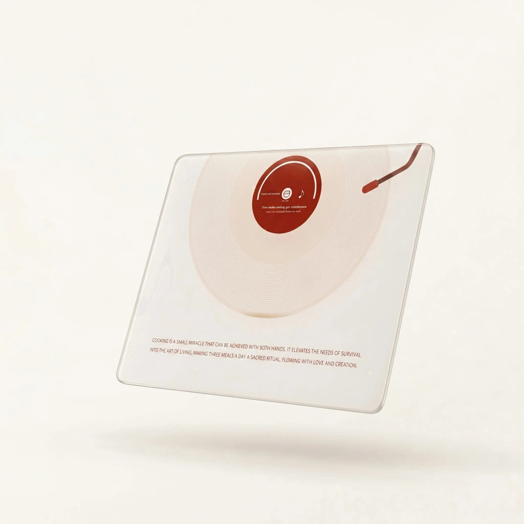 Alorivo VynArt tempered glass cutting board featuring a minimalist vinyl record design and artistic culinary-inspired typography.