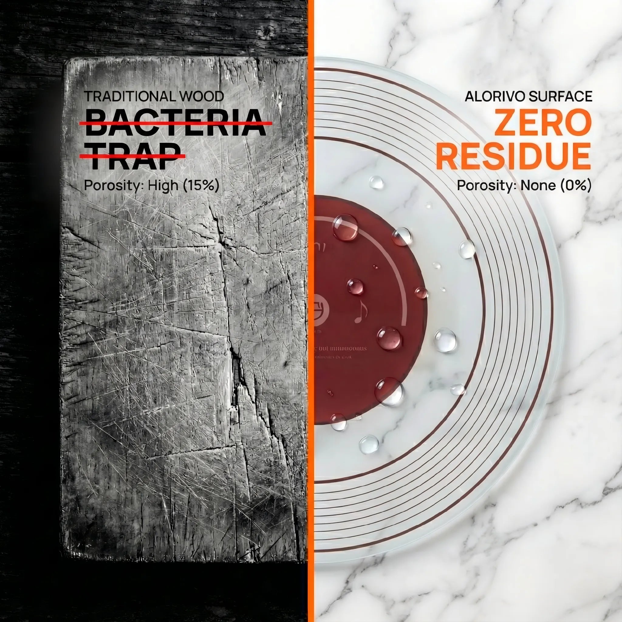 Split-screen microscopic comparison divided by a bright orange laser line. Left: Black and white magnified wood surface showing scratches and bacteria traps. Right: Pristine Alorivo tempered glass surface showing 0% residue. Text reads: Chaos vs Precision.