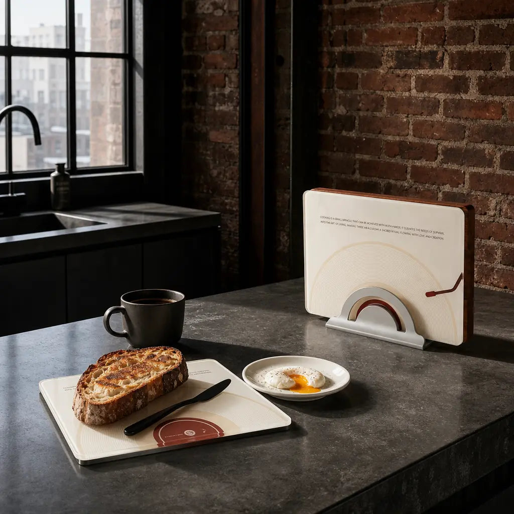 An urban industrial loft kitchen with dark countertops and an exposed brick wall, featuring sourdough toast and a poached egg served on Alorivo retro record glass boards next to a morning coffee cup.