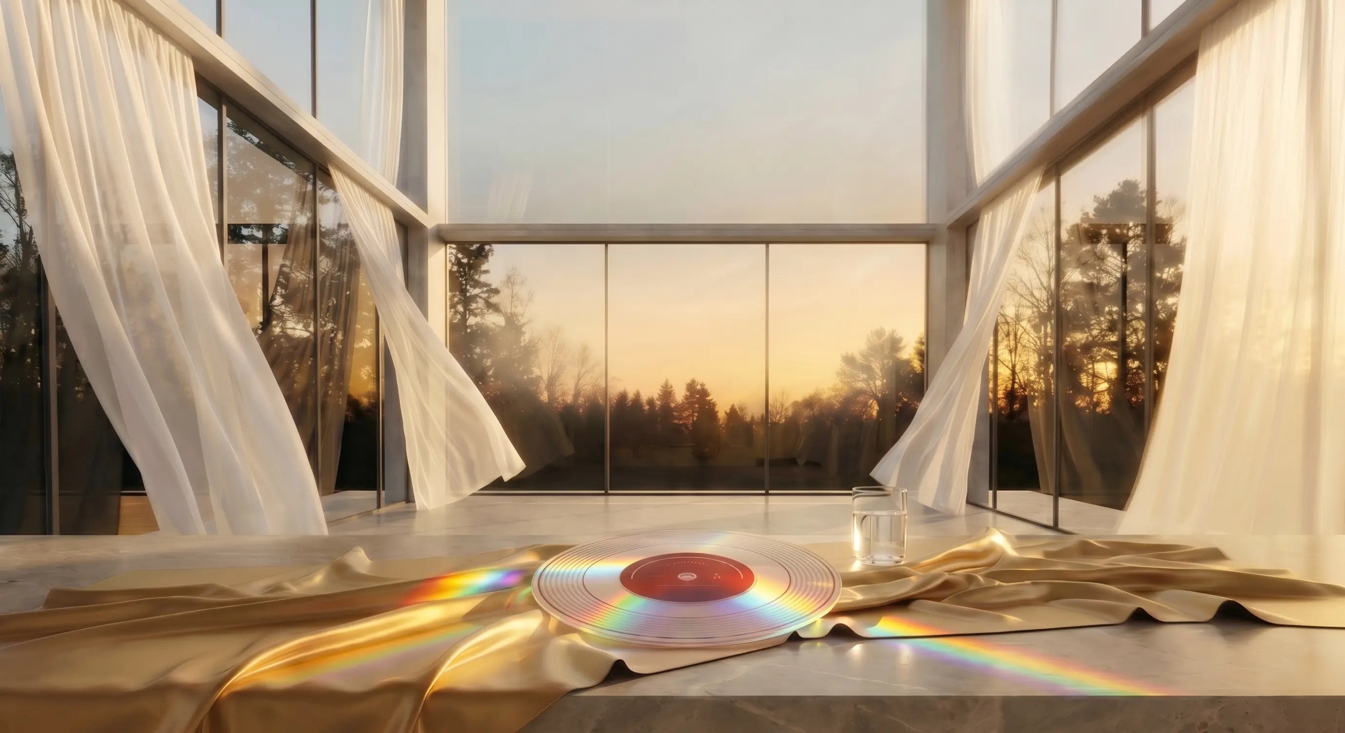 An iridescent vinyl record glass cutting board and a glass of water resting on golden fabric, set against large windows with white blowing curtains and a scenic sunset background.