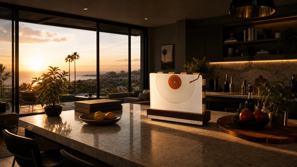 A creative cutting board with a retro vinyl record pattern displayed on a marble countertop in a luxury kitchen, featuring a scenic coastal sunset view in the background.