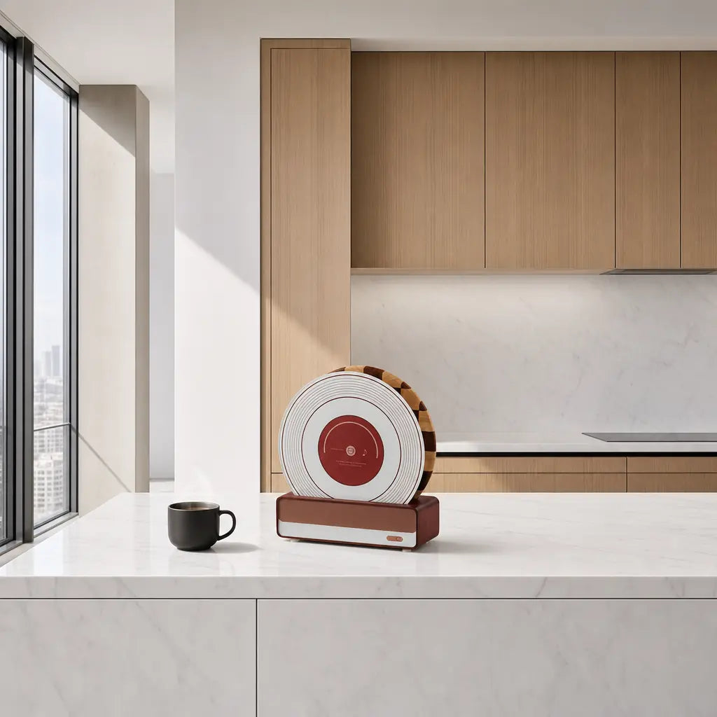 A sleek, modern kitchen with light wood cabinets and a white marble island, featuring an Alorivo record-inspired glass cutting board on a wooden stand next to a steaming black coffee mug.